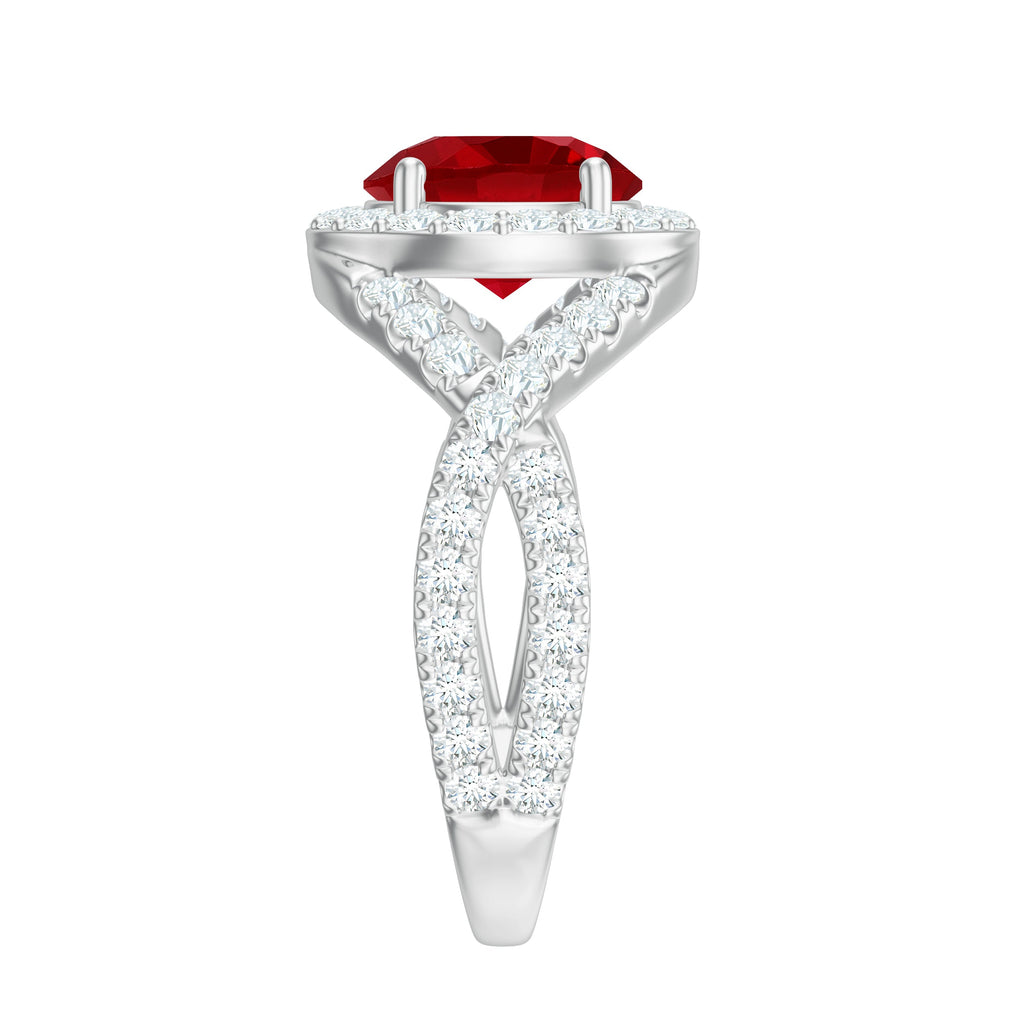 Round Created Ruby Crossover Engagement Ring With Moissanite