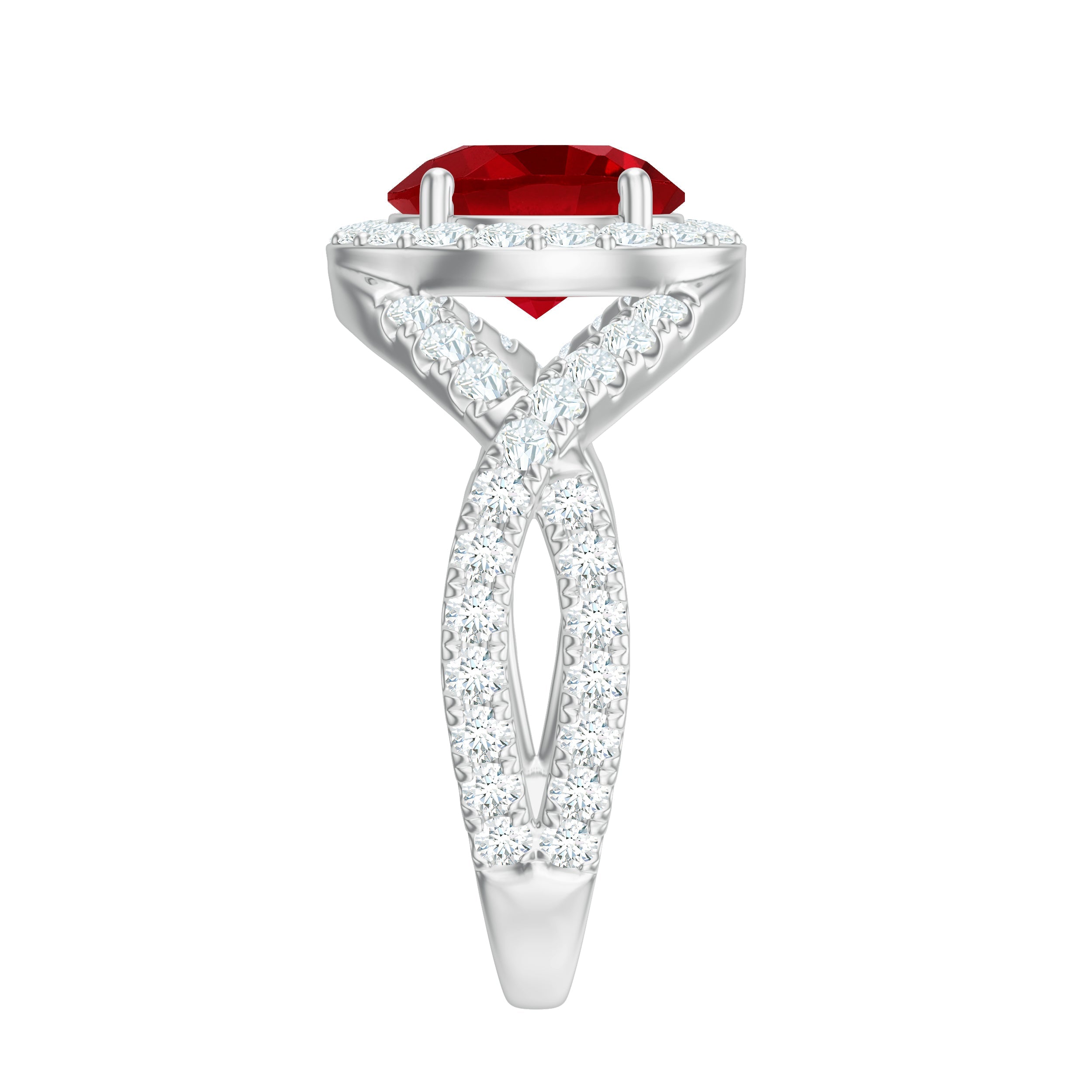 Round Created Ruby Crossover Engagement Ring With Moissanite