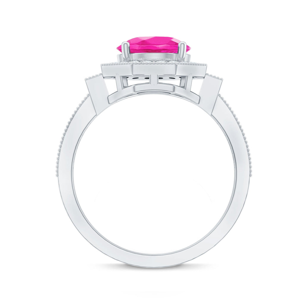Lab Created Pink Sapphire Vintage Engagement Ring with Diamond Halo