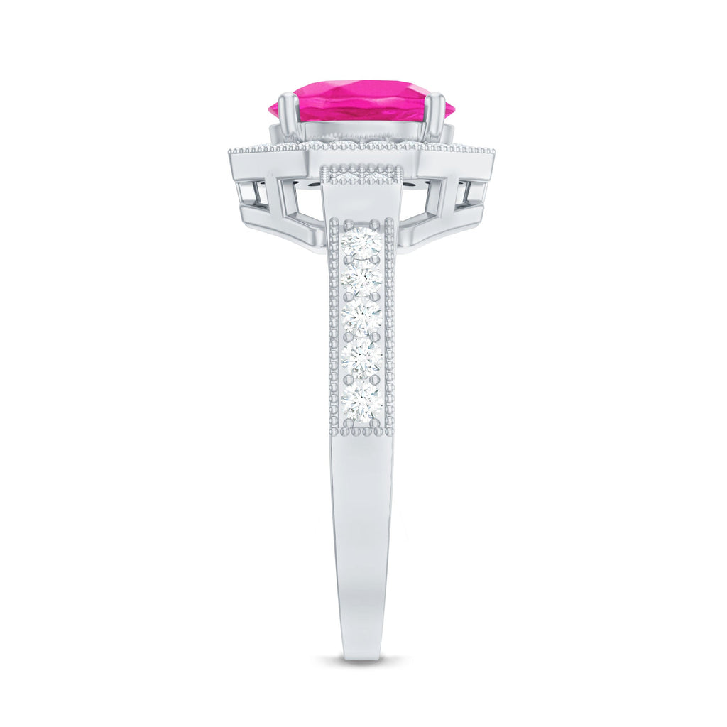 Lab Created Pink Sapphire Vintage Engagement Ring with Diamond Halo