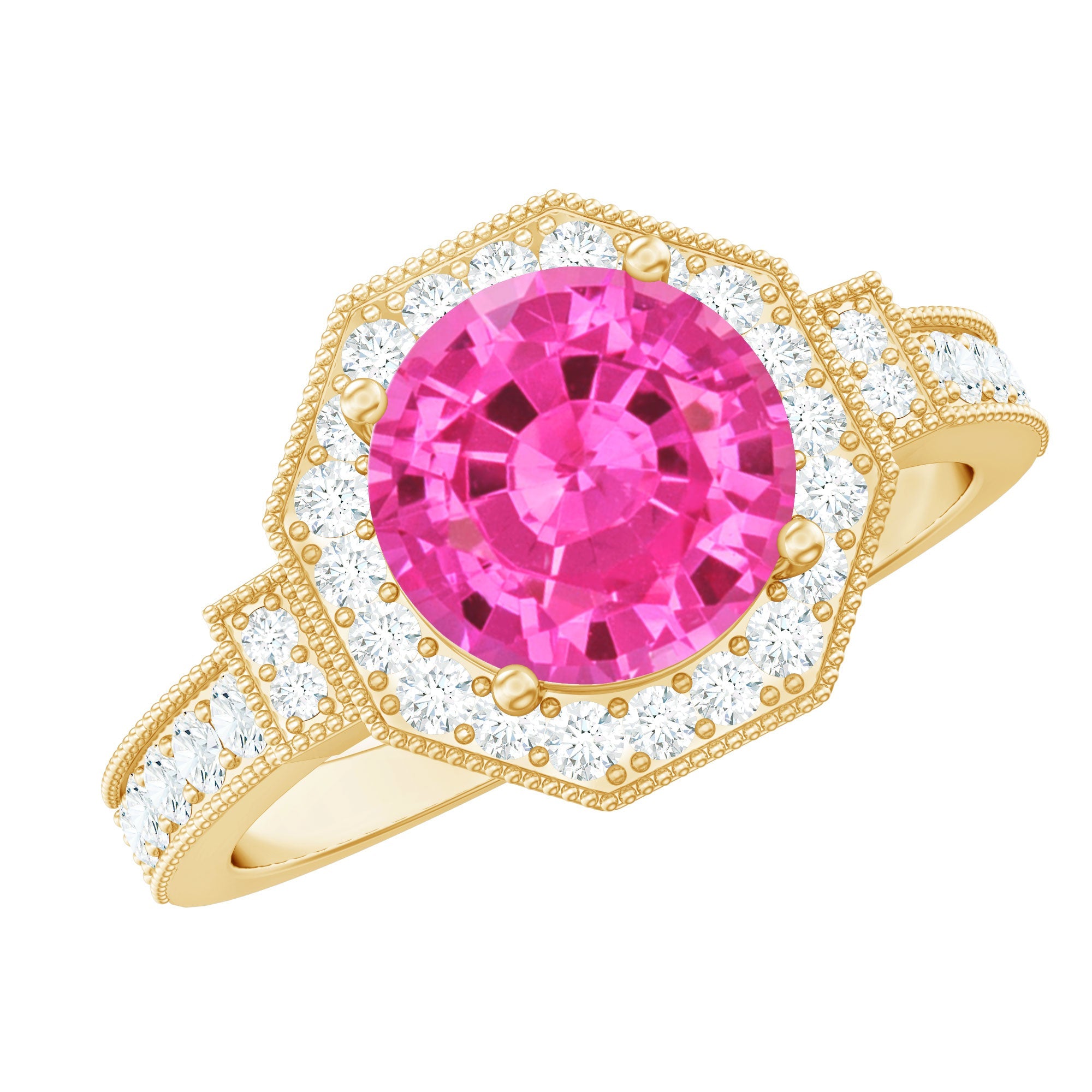 Lab Created Pink Sapphire Vintage Engagement Ring with Diamond Halo | Rings | Wiccan Center