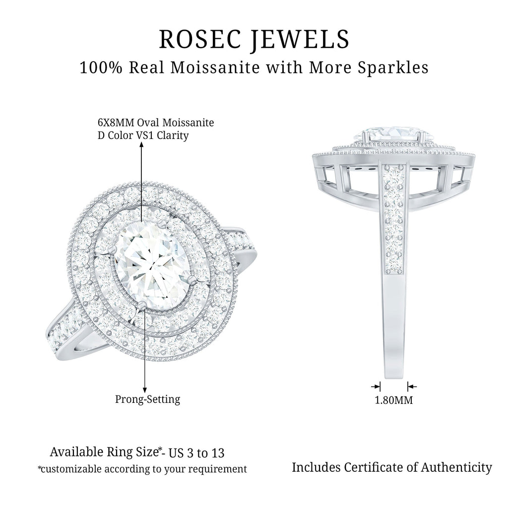 Milgrain Embellished Oval Moissanite Double Halo Engagement Ring