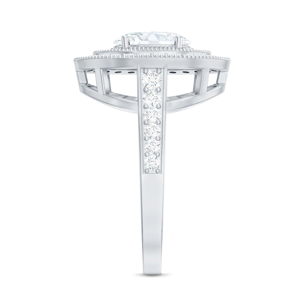 Milgrain Embellished Oval Moissanite Double Halo Engagement Ring