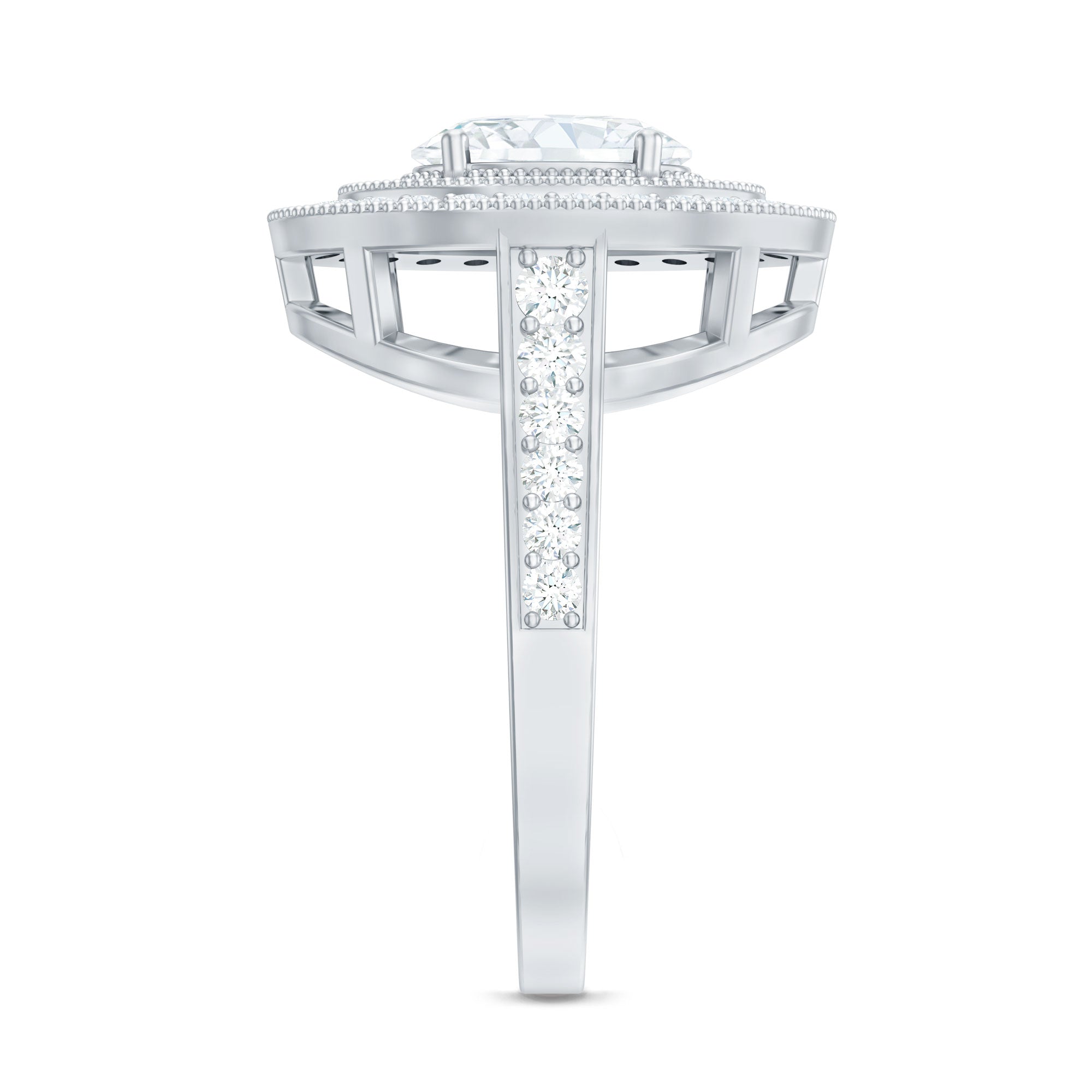 Milgrain Embellished Oval Moissanite Double Halo Engagement Ring