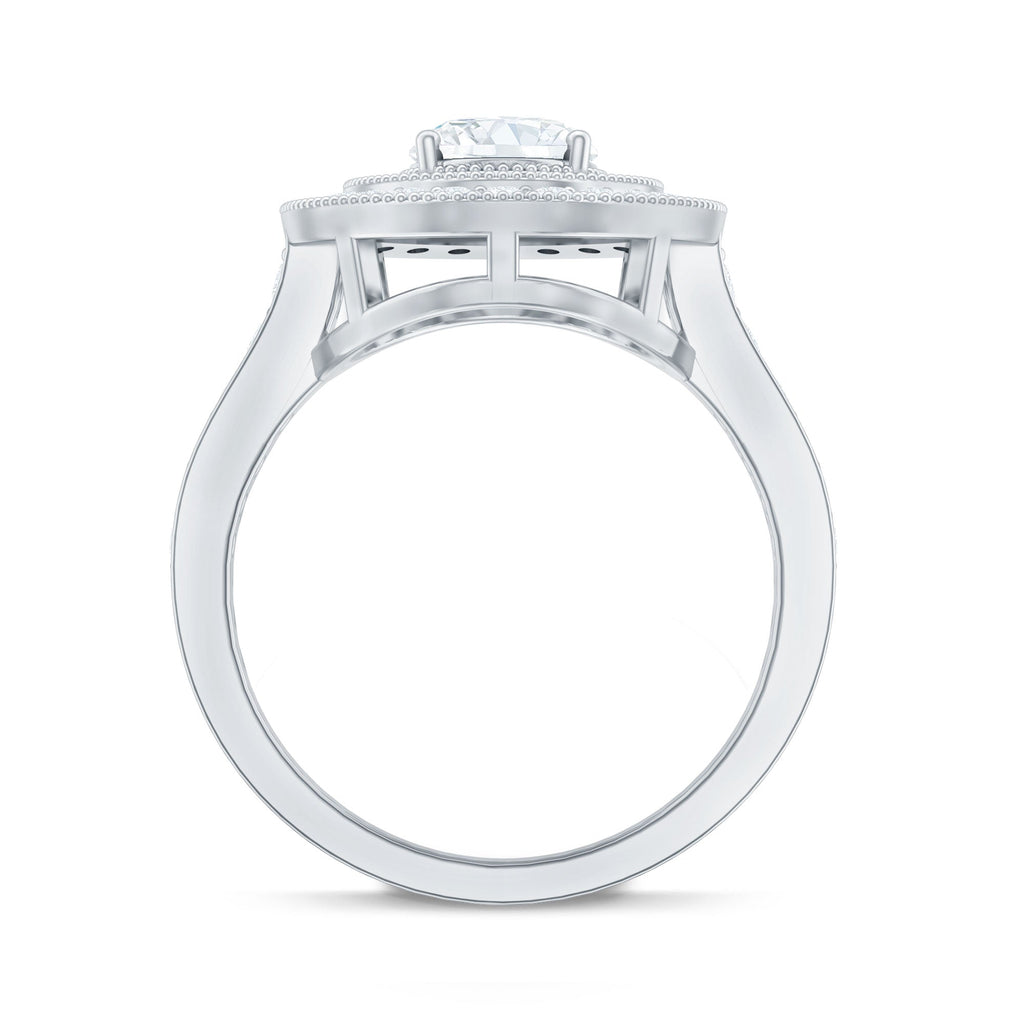 Milgrain Embellished Oval Moissanite Double Halo Engagement Ring