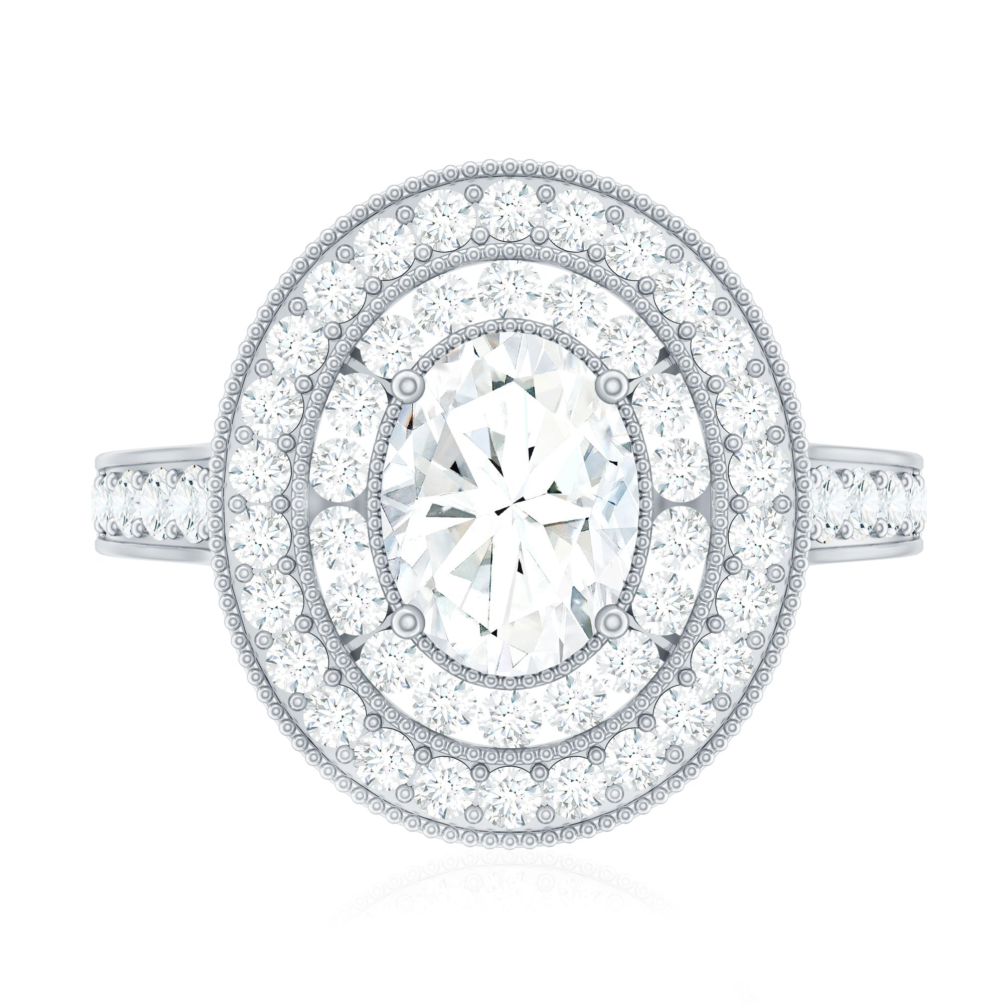 Milgrain Embellished Oval Moissanite Double Halo Engagement Ring