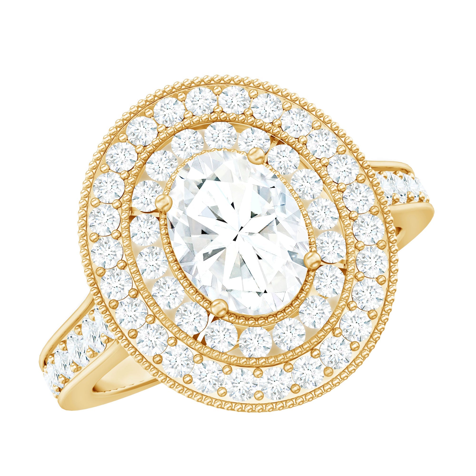 Milgrain Embellished Oval Moissanite Double Halo Engagement Ring | Rings | Wiccan Center