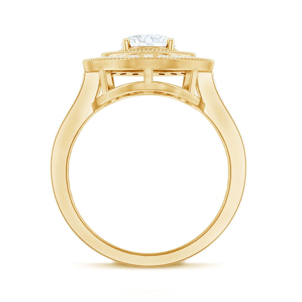 Milgrain Embellished Oval Moissanite Double Halo Engagement Ring