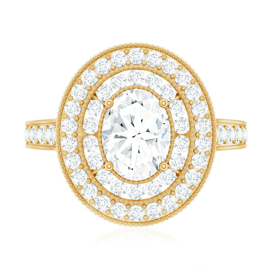 Milgrain Embellished Oval Moissanite Double Halo Engagement Ring
