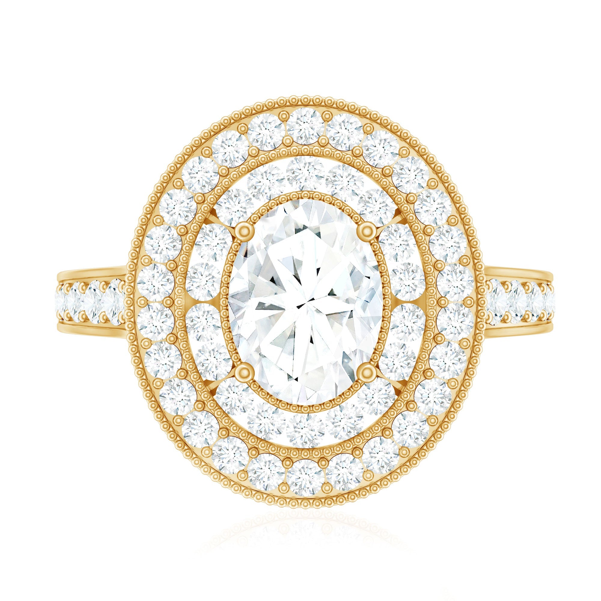 Milgrain Embellished Oval Moissanite Double Halo Engagement Ring