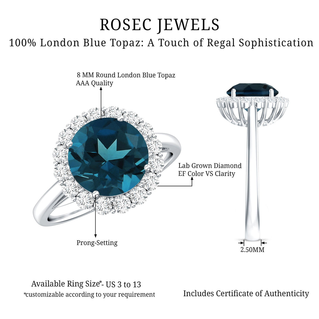 2 Carat Round London Blue Topaz Classic Engagement Ring with Diamond Halo