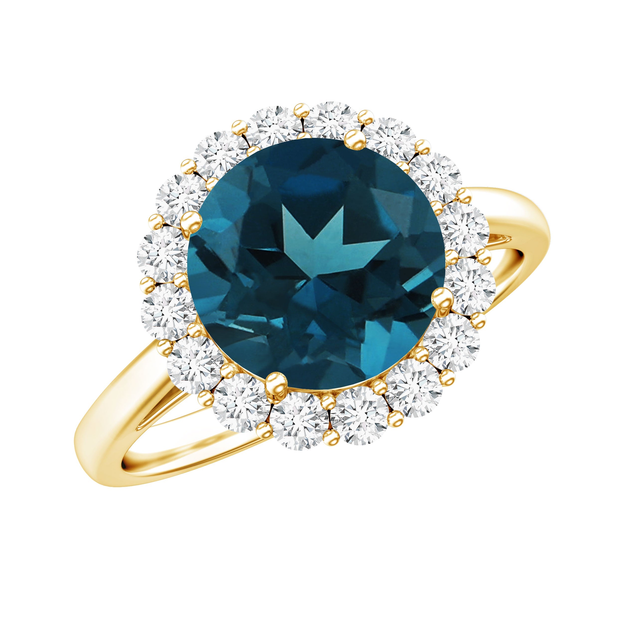 2 Carat Round London Blue Topaz Classic Engagement Ring with Diamond Halo | Rings | Wiccan Center