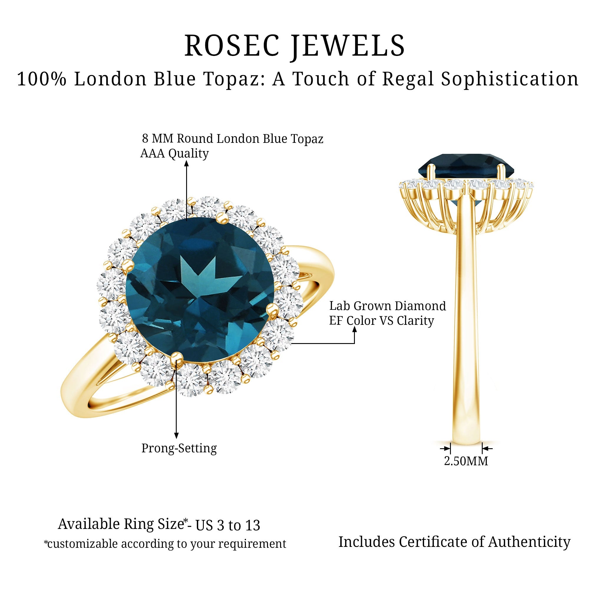 2 Carat Round London Blue Topaz Classic Engagement Ring with Diamond Halo