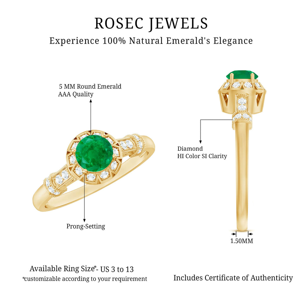 Vintage Inspired Emerald Engagement Ring with Diamond