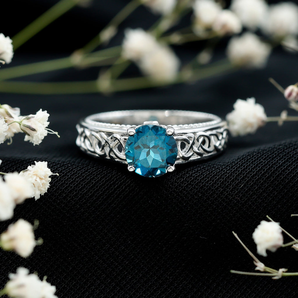 1.35 Carat Round London Blue Topaz Vintage Engagement Ring with Celtic Style Band