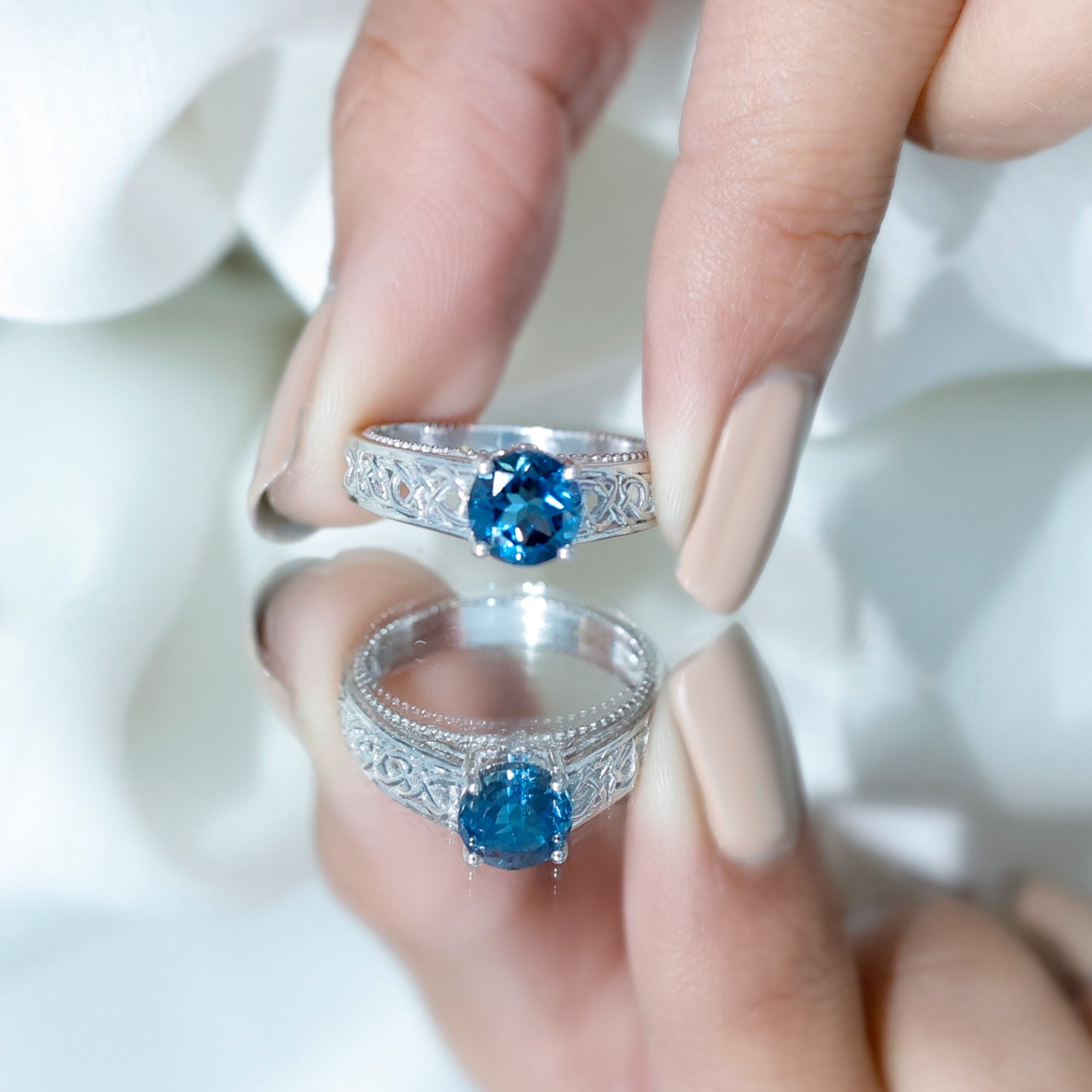 1.35 Carat Round London Blue Topaz Vintage Engagement Ring with Celtic Style Band