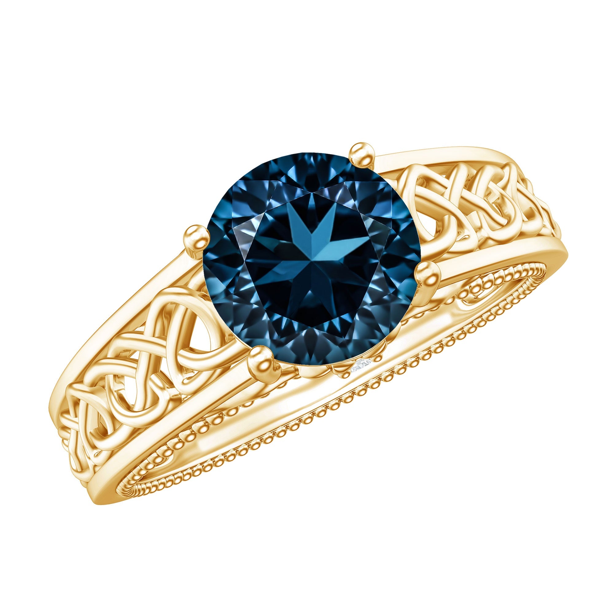 1.35 Carat Round London Blue Topaz Vintage Engagement Ring with Celtic Style Band | Rings | Wiccan Center
