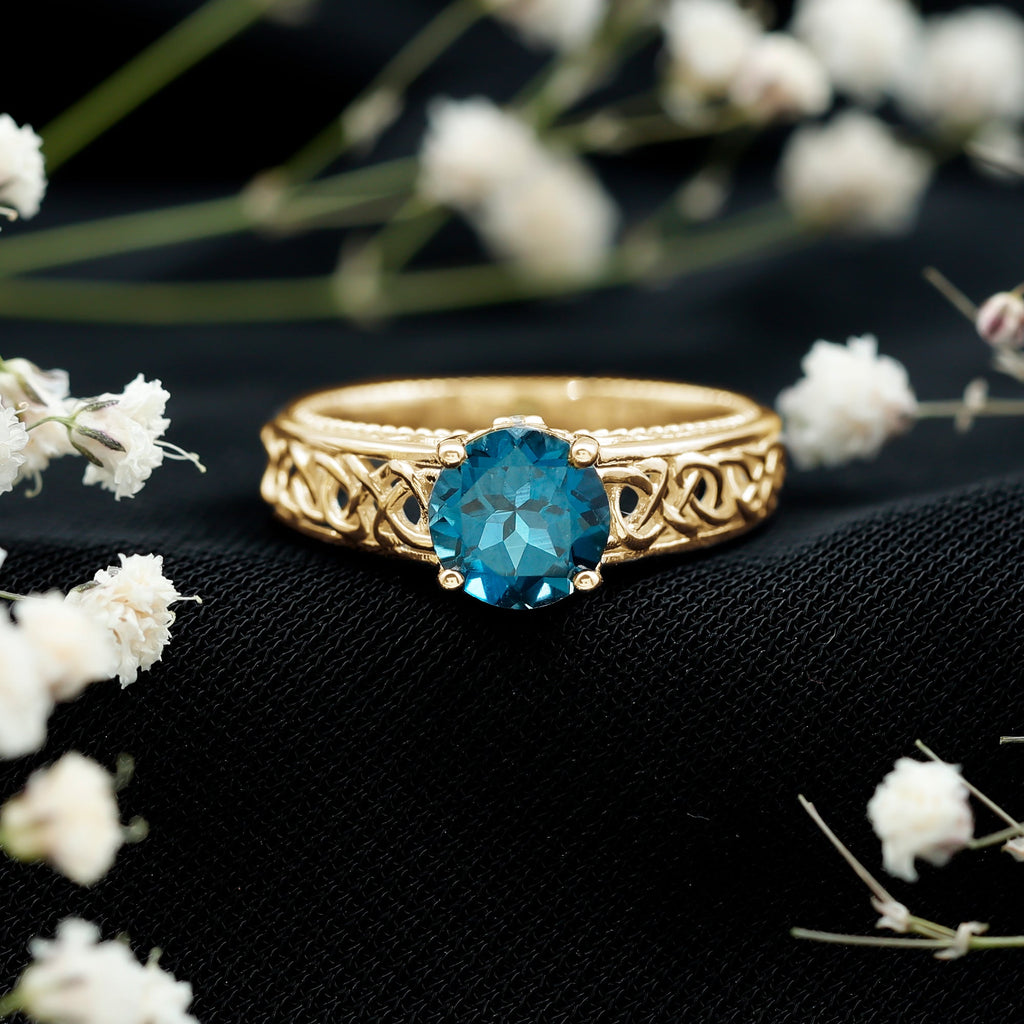 1.35 Carat Round London Blue Topaz Vintage Engagement Ring with Celtic Style Band