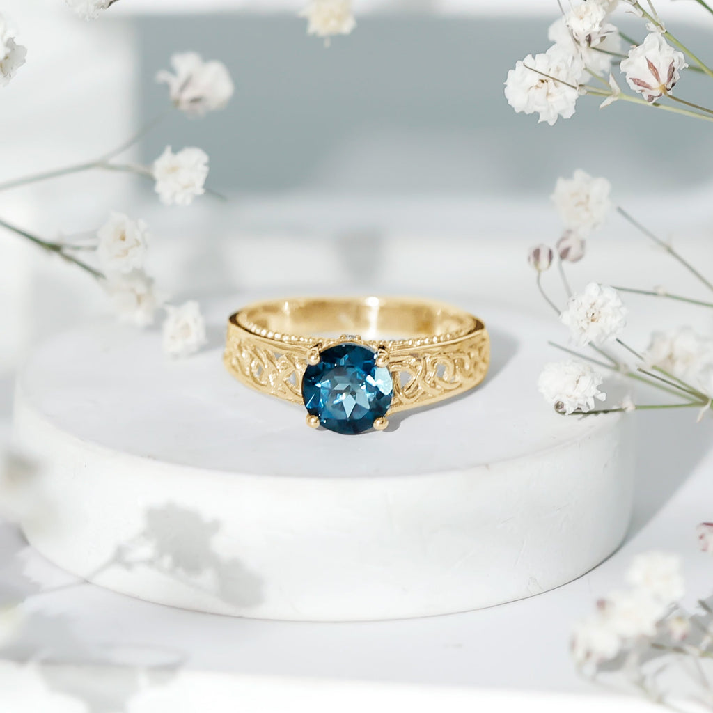 1.35 Carat Round London Blue Topaz Vintage Engagement Ring with Celtic Style Band