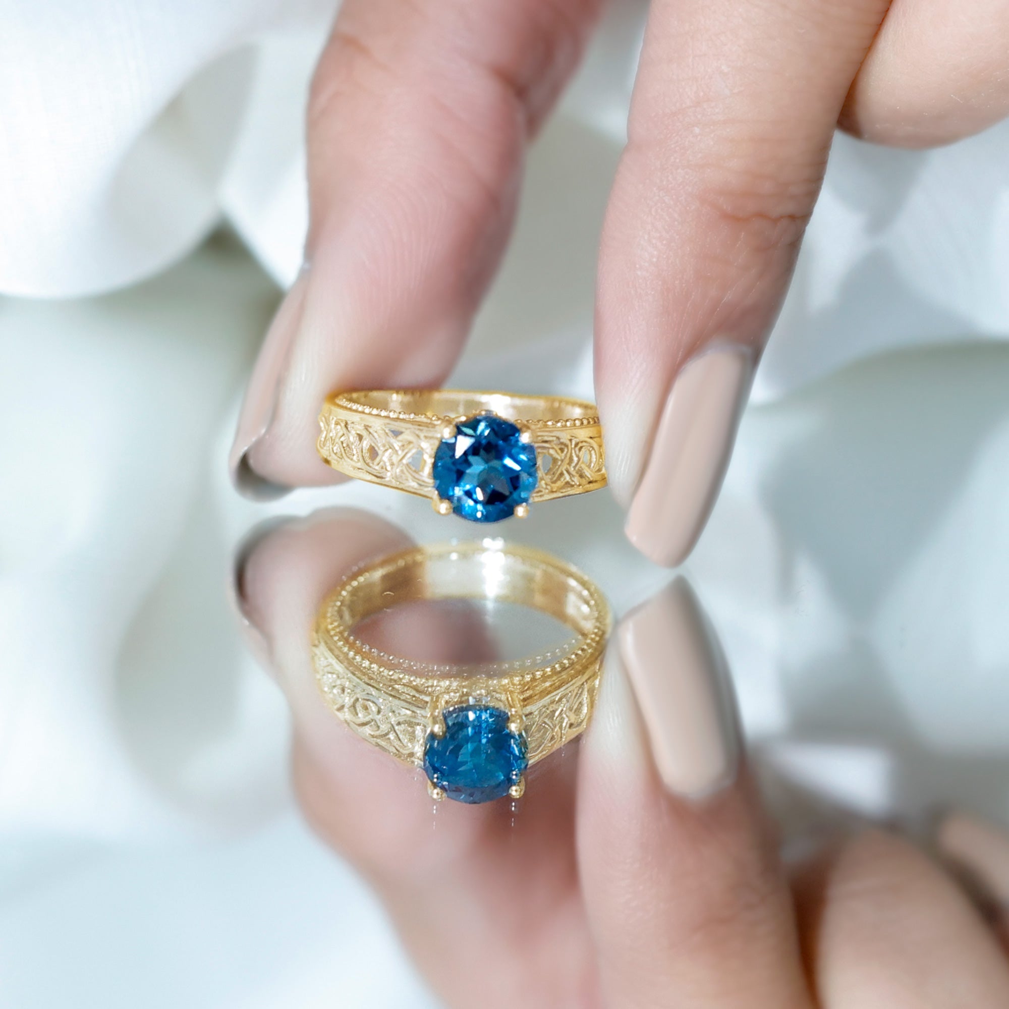 1.35 Carat Round London Blue Topaz Vintage Engagement Ring with Celtic Style Band