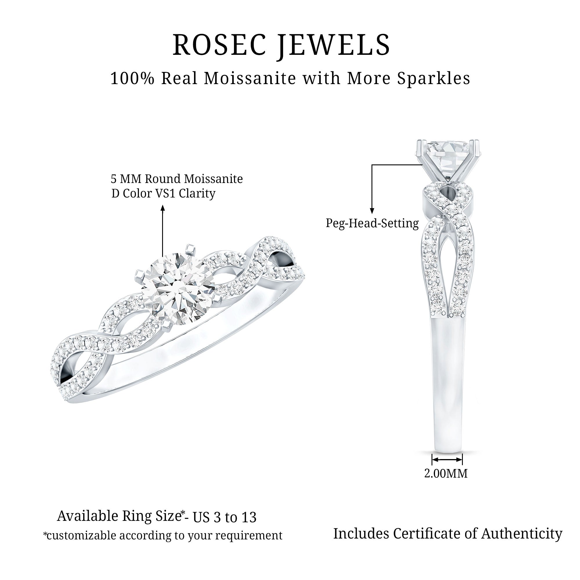 0.5 Carat Round Shape Moissanite Crossover Infinity Ring