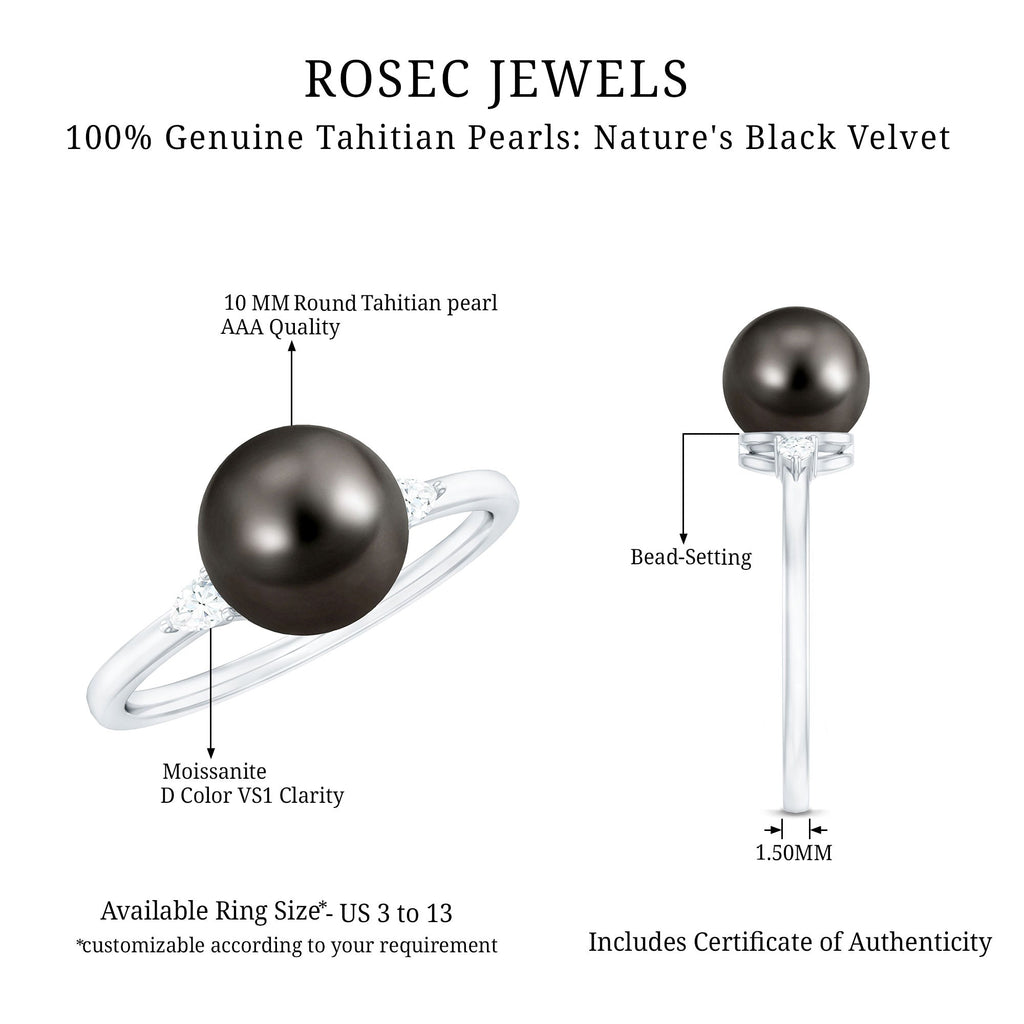 Round Tahitian Pearl Solitaire Engagement Ring with Moissanite