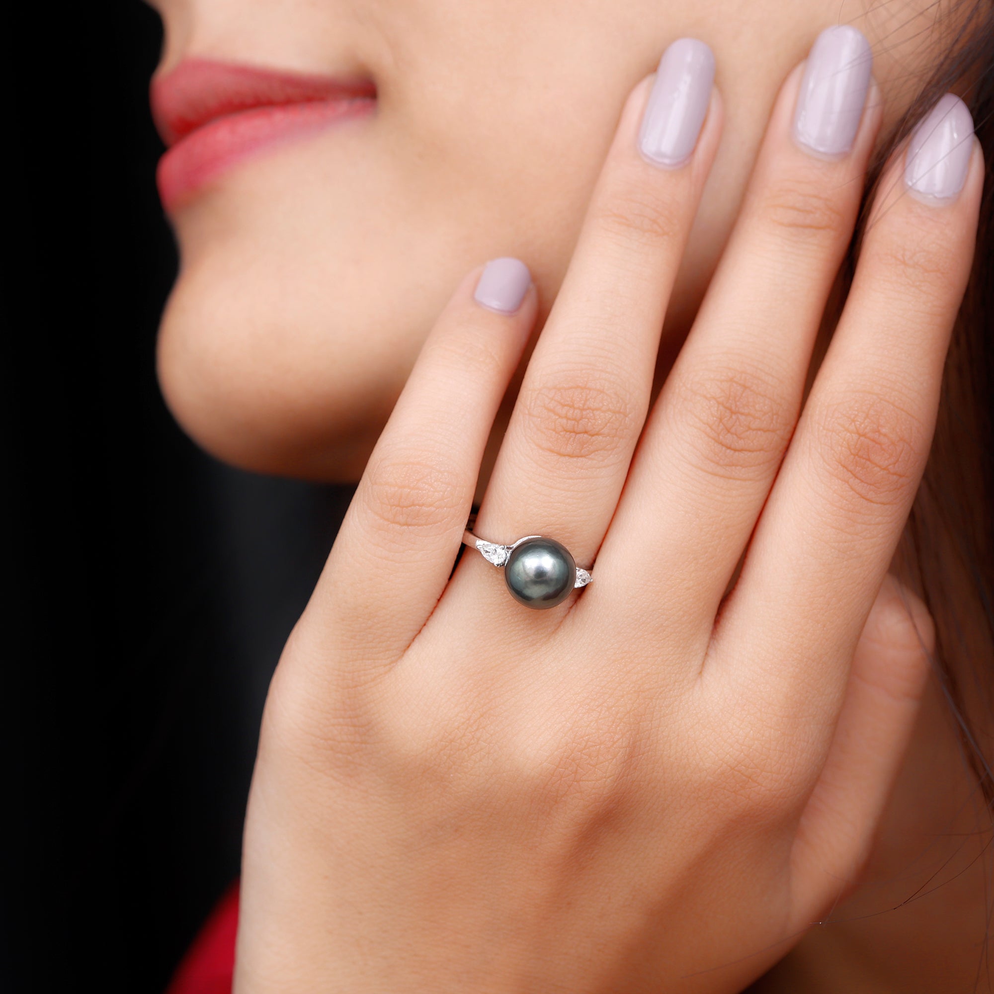 Round Tahitian Pearl Solitaire Engagement Ring with Moissanite