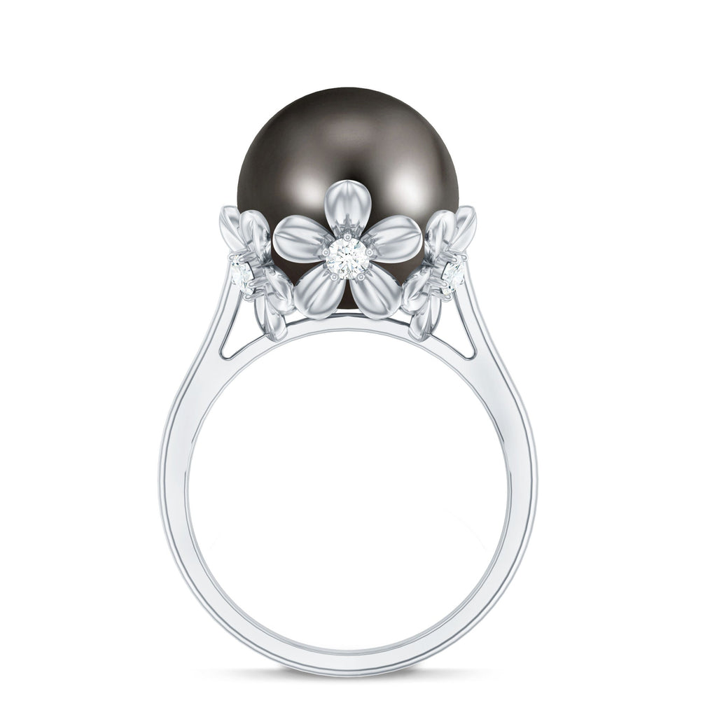 8 Carat Solitaire Tahitian Black Pearl Engagement Ring with Floral Setting