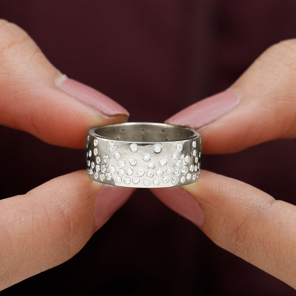 Certified Moissanite Wide Wedding Band in Flush Setting