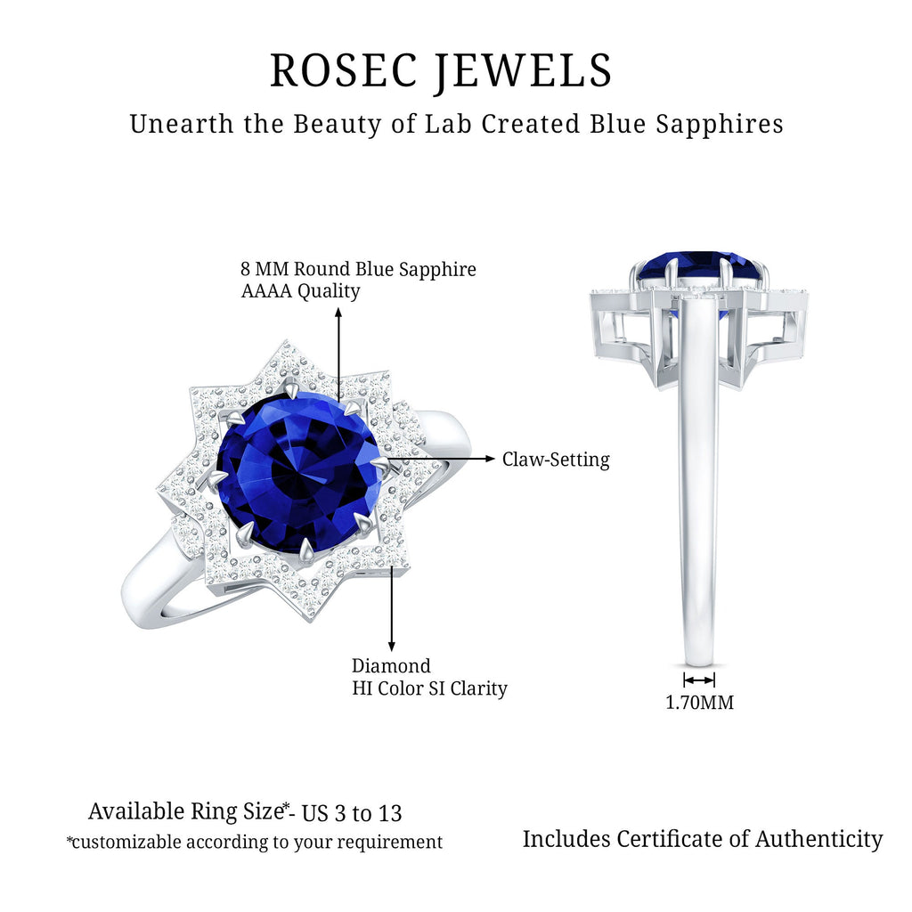 Certified 2.7 Carat Lab Grown Blue Sapphire Engagement Ring with Diamond Star Halo