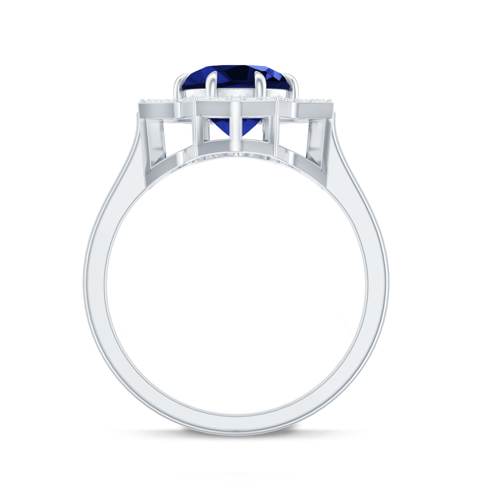 Certified 2.7 Carat Lab Grown Blue Sapphire Engagement Ring with Diamond Star Halo
