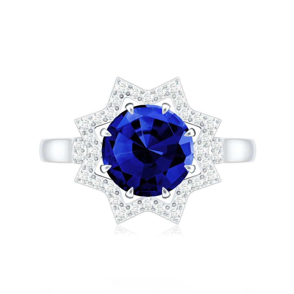 Certified 2.7 Carat Lab Grown Blue Sapphire Engagement Ring with Diamond Star Halo
