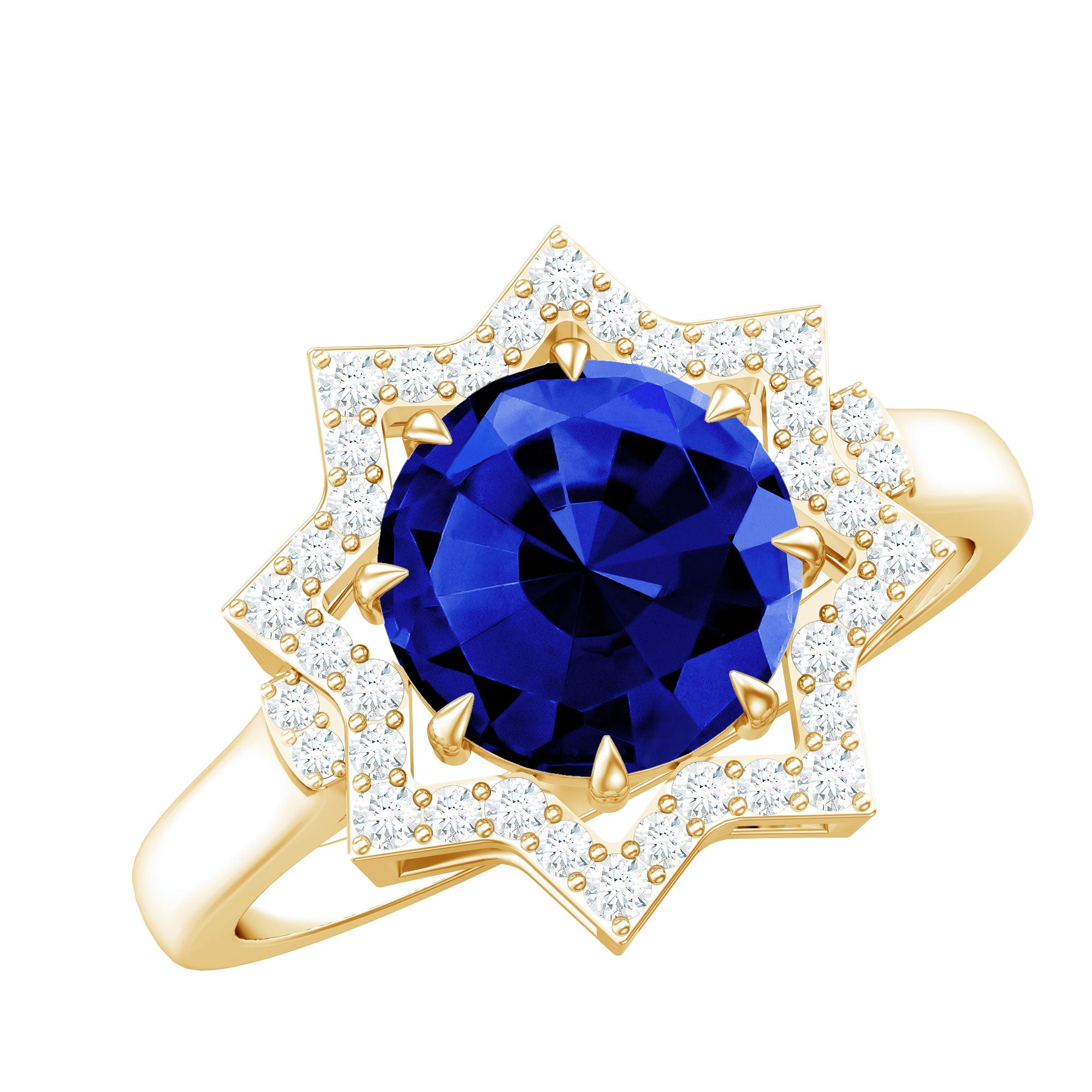 Certified 2.7 Carat Lab Grown Blue Sapphire Engagement Ring with Diamond Star Halo | Rings | Wiccan Center