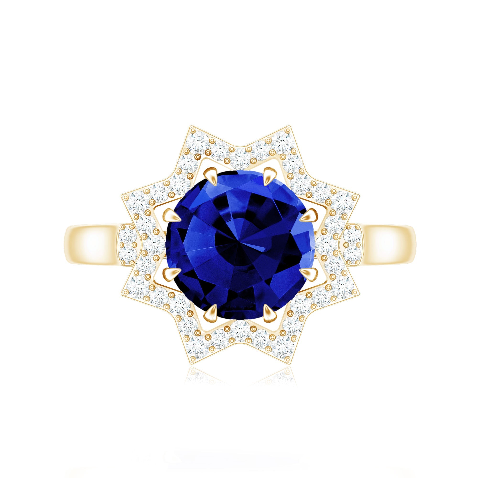 Certified 2.7 Carat Lab Grown Blue Sapphire Engagement Ring with Diamond Star Halo
