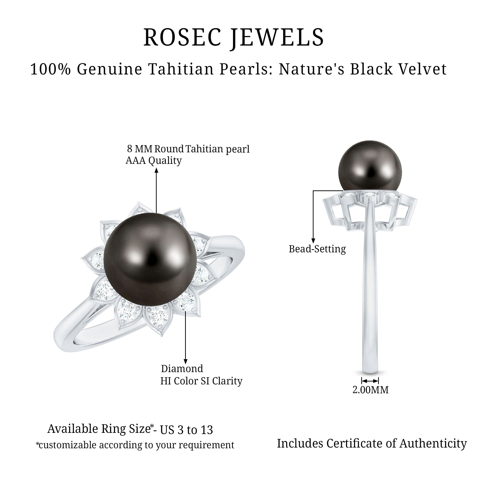 Tahitian Black Pearl Engagement Ring with Diamond Floral Halo