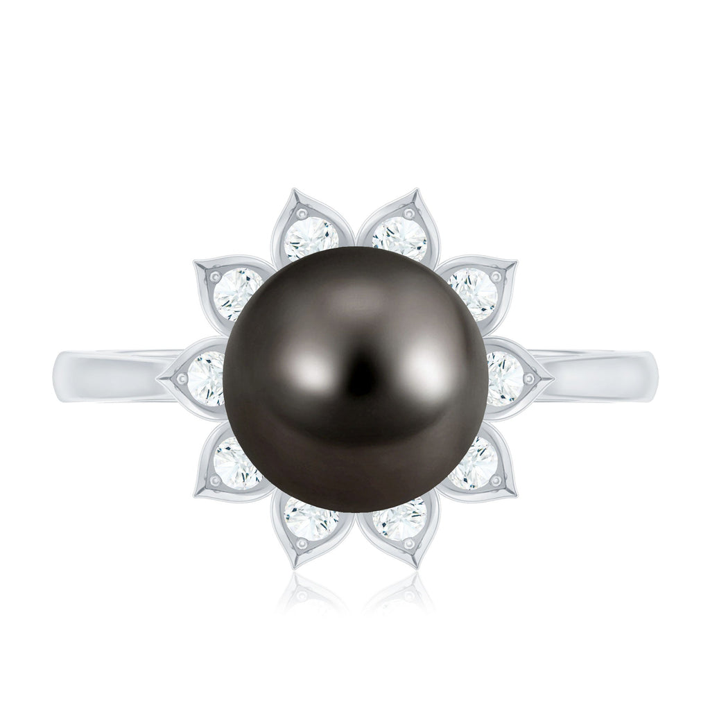 Tahitian Black Pearl Engagement Ring with Diamond Floral Halo