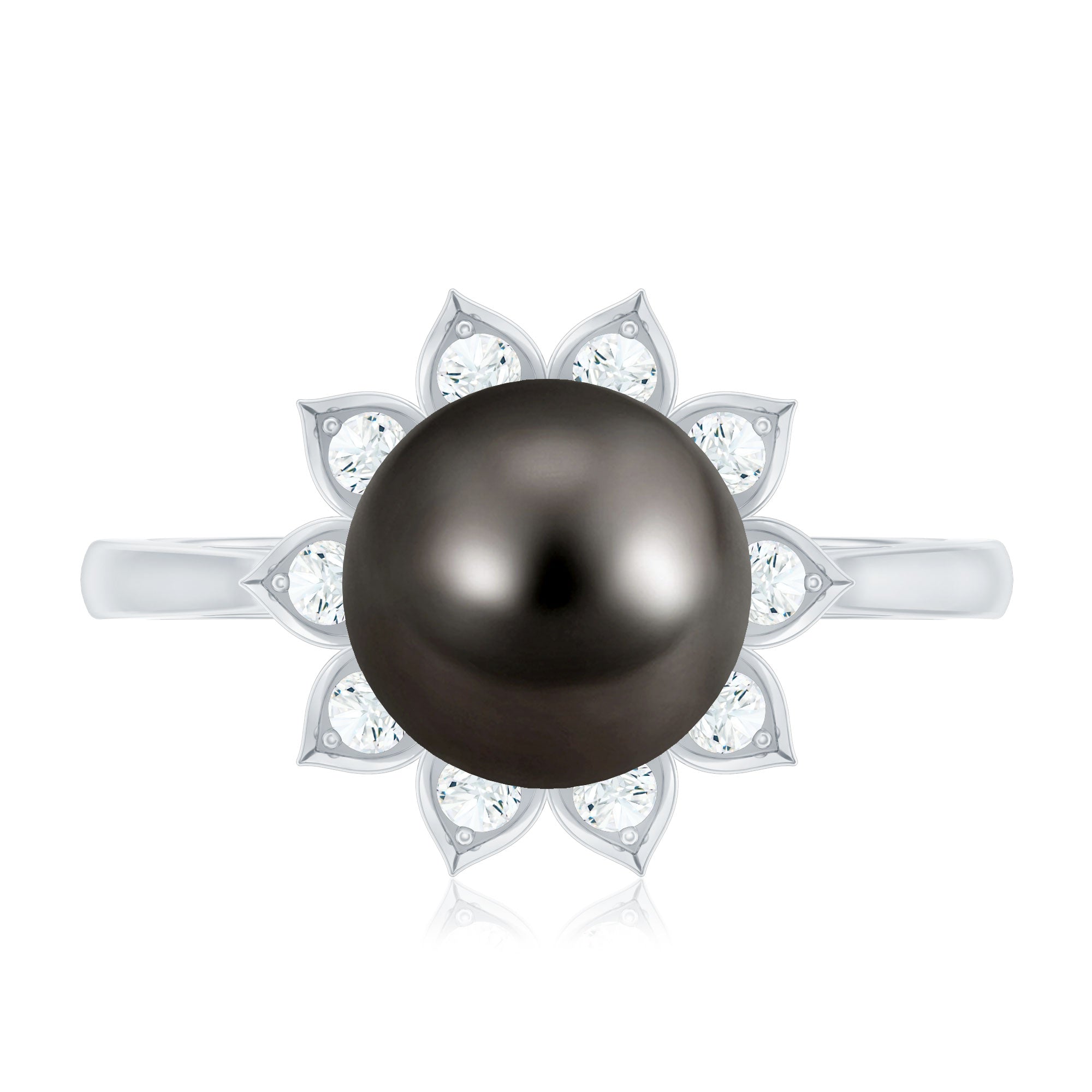 Tahitian Black Pearl Engagement Ring with Diamond Floral Halo
