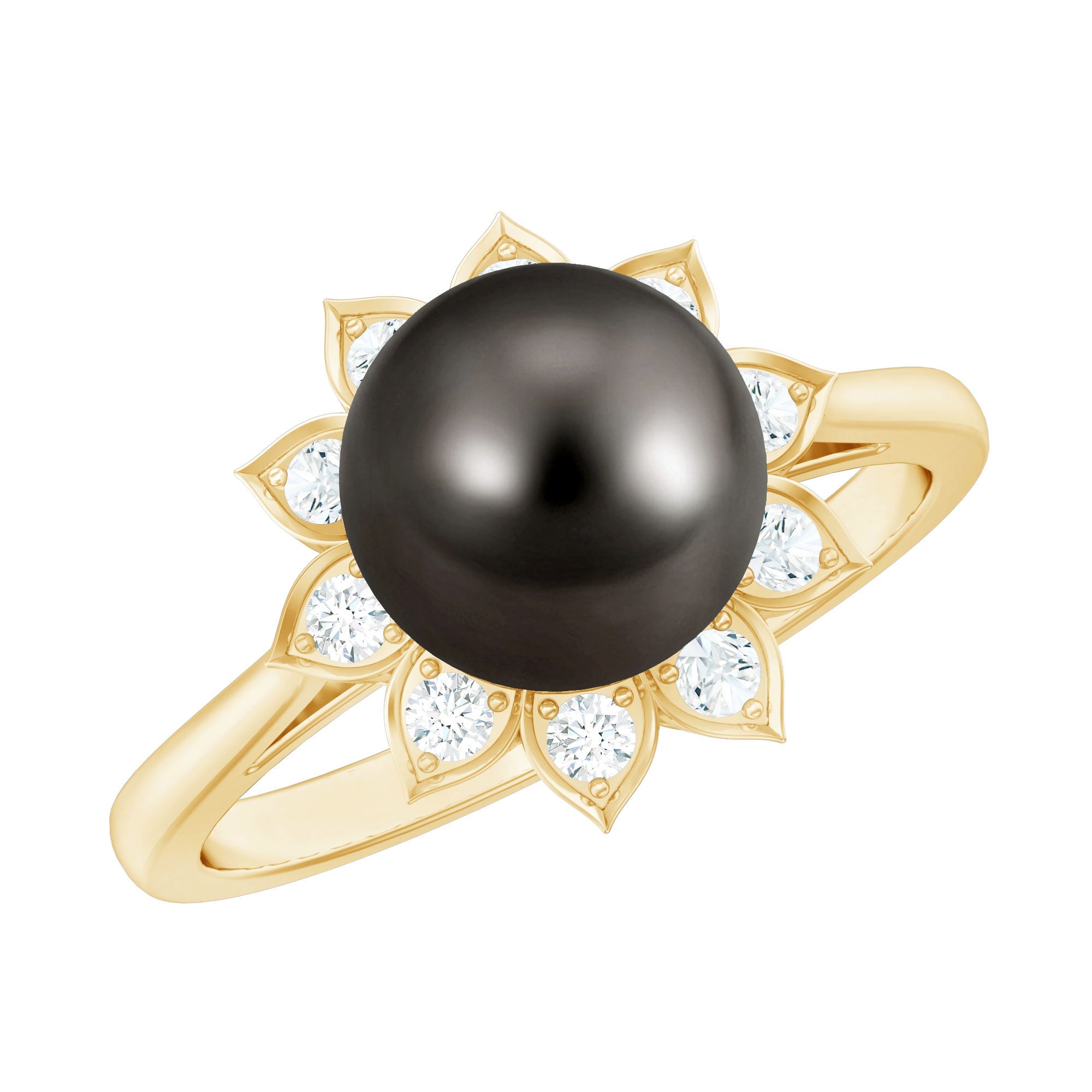 Tahitian Black Pearl Engagement Ring with Diamond Floral Halo | Rings | Wiccan Center