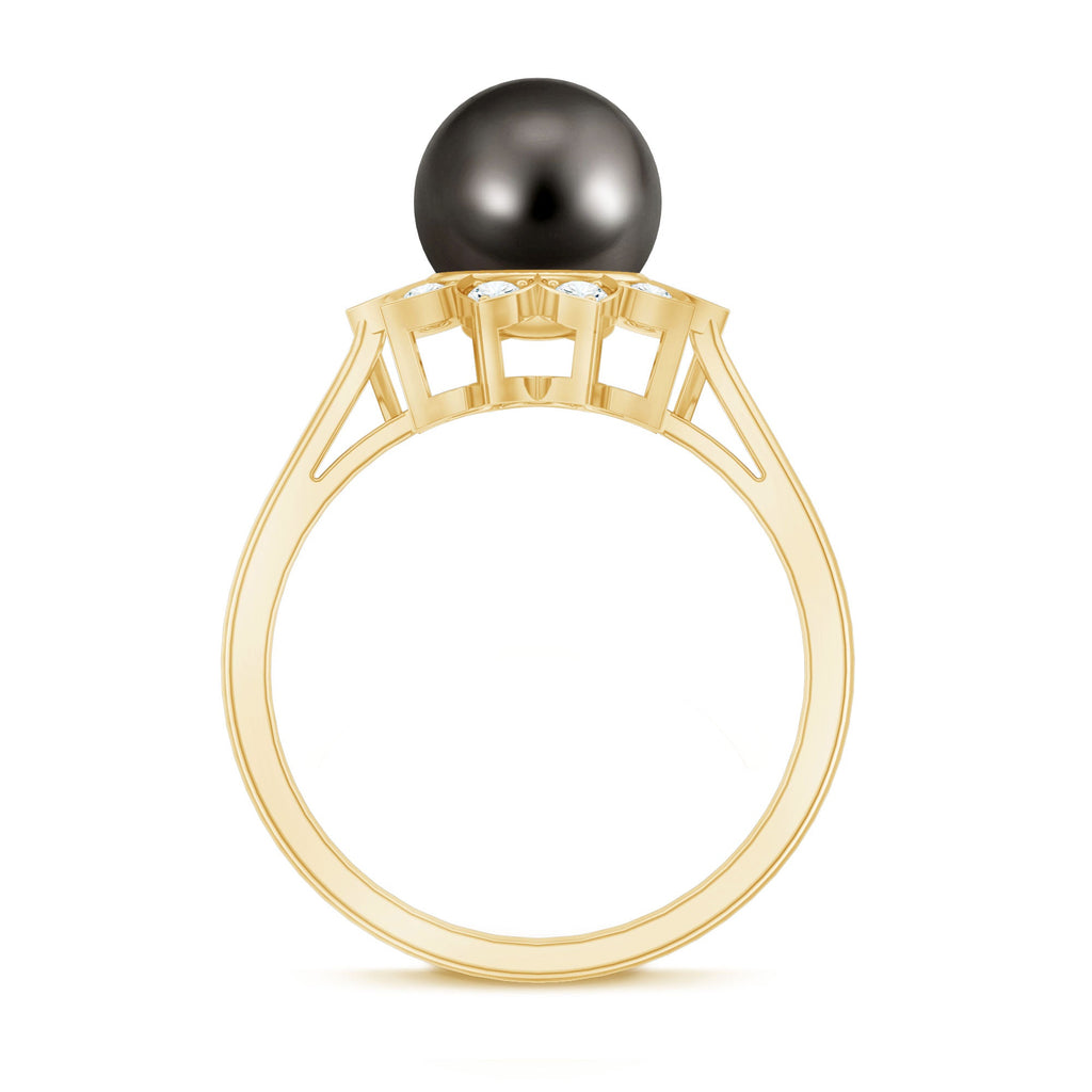 Tahitian Black Pearl Engagement Ring with Diamond Floral Halo