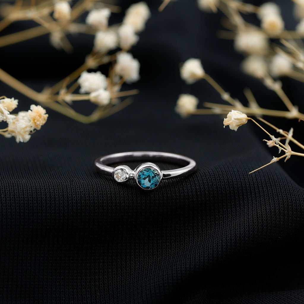 Round London Blue Topaz and Lab Diamond Two Stone Promise Ring For Her