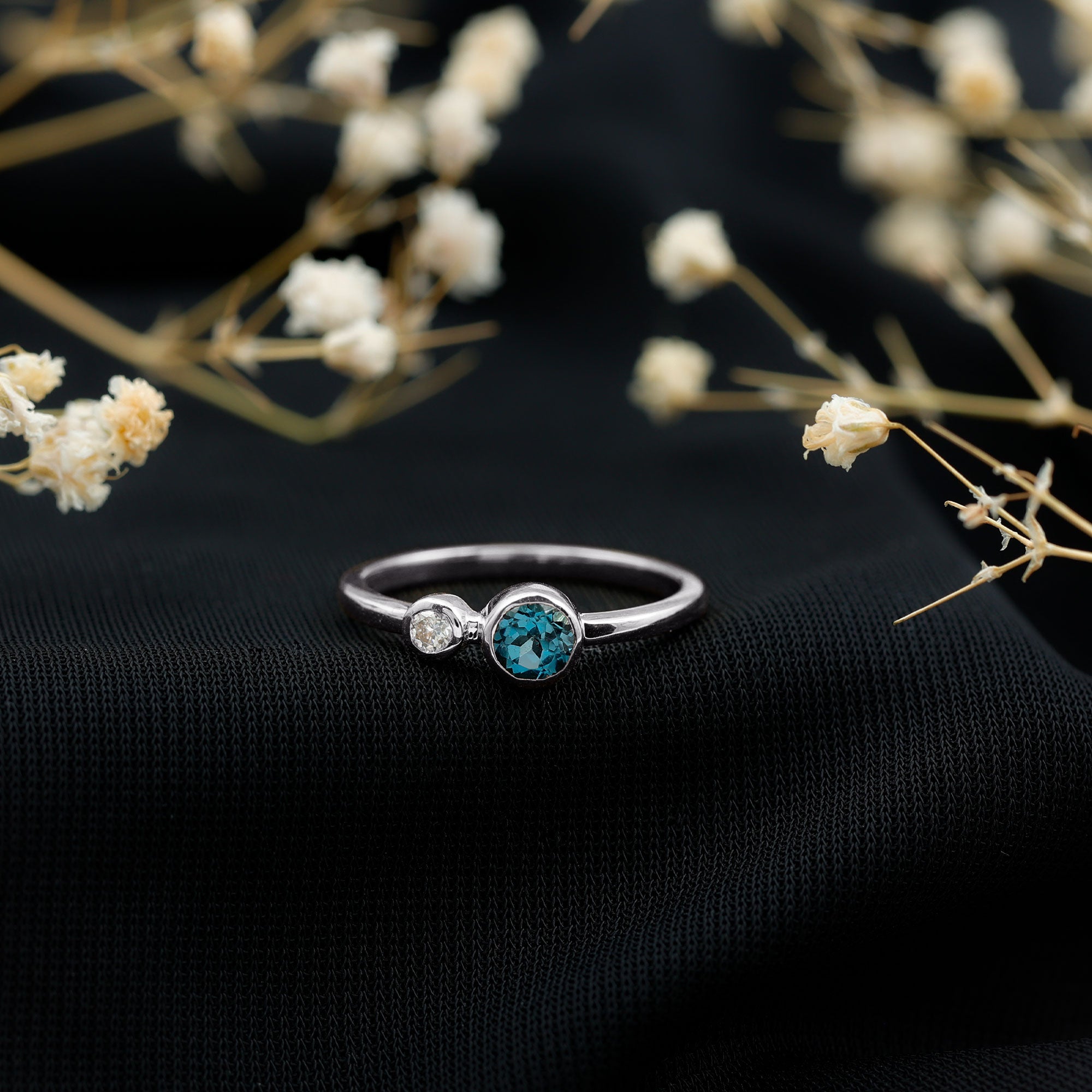 Round London Blue Topaz and Lab Diamond Two Stone Promise Ring For Her