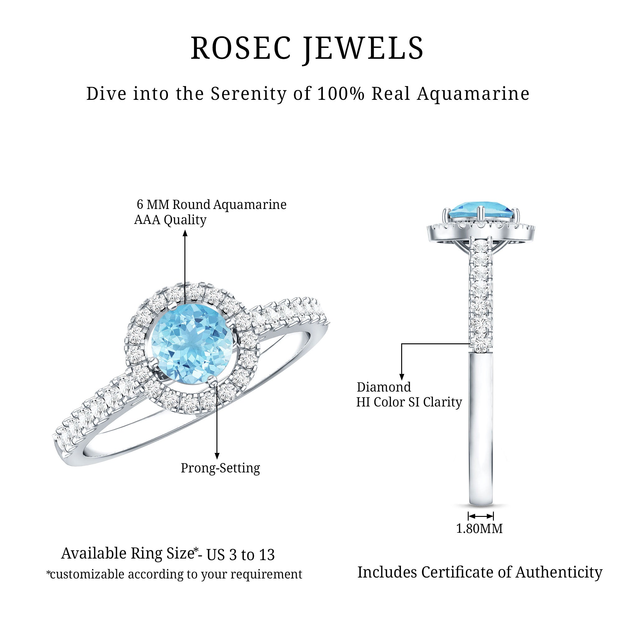 Certified Natural Aquamarine Engagement Ring with Diamond Halo