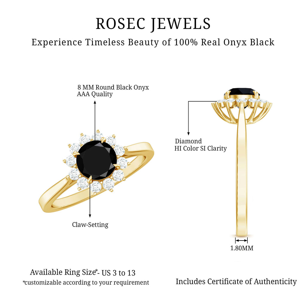 Round Cut Black Onyx and Diamond Engagement Ring For Women