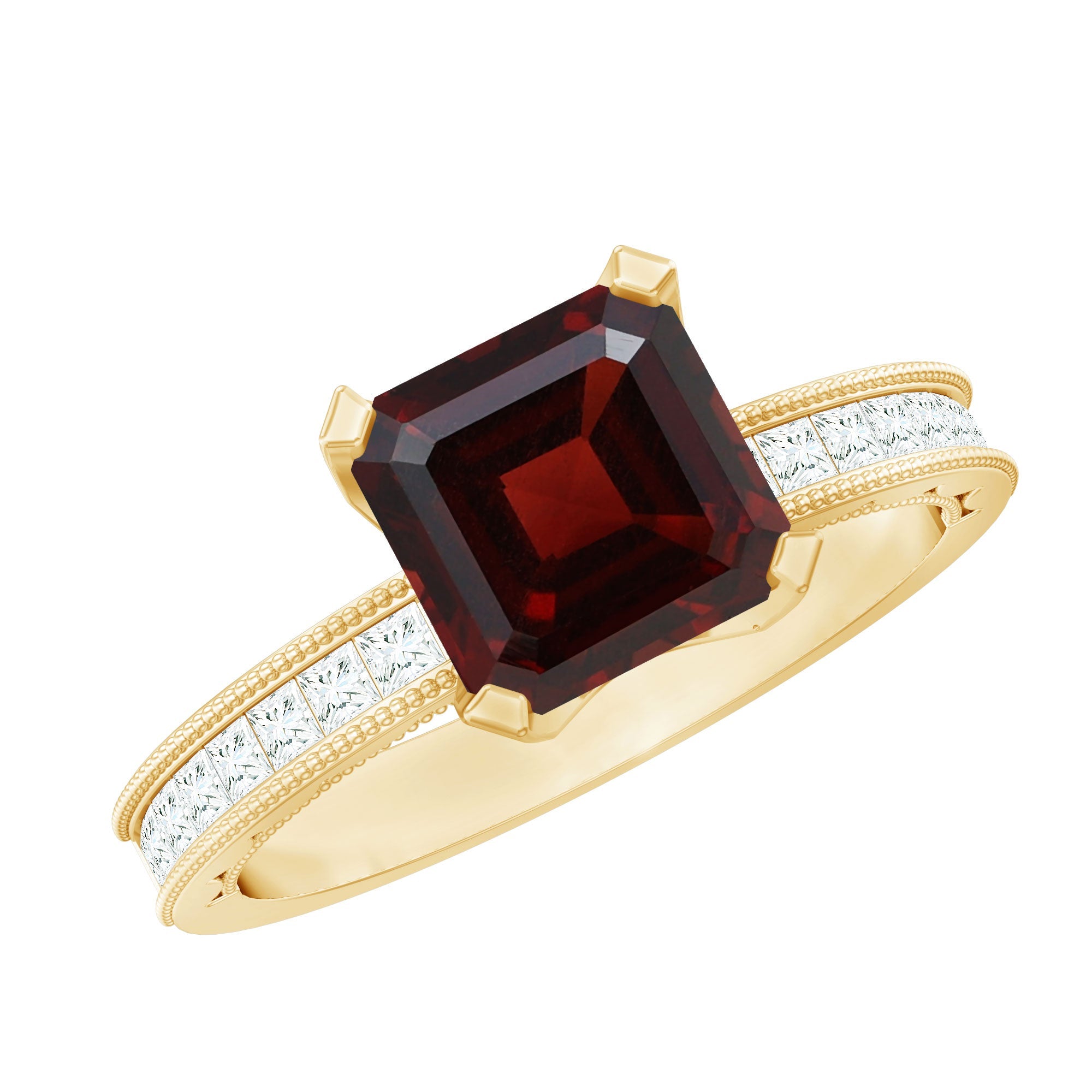 Natural 3.3 Carat Asscher Cut Garnet Engagement Ring with Diamond Side Stones | Rings | Wiccan Center