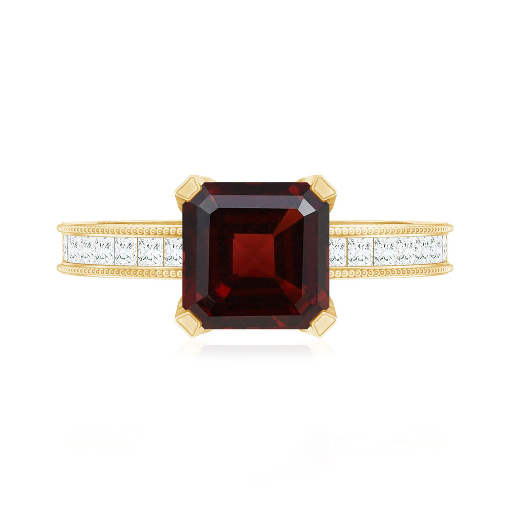 Natural 3.3 Carat Asscher Cut Garnet Engagement Ring with Diamond Side Stones