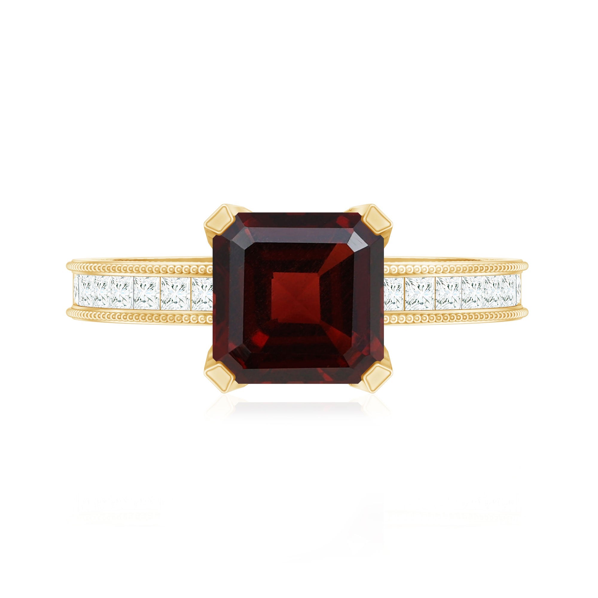 Natural 3.3 Carat Asscher Cut Garnet Engagement Ring with Diamond Side Stones