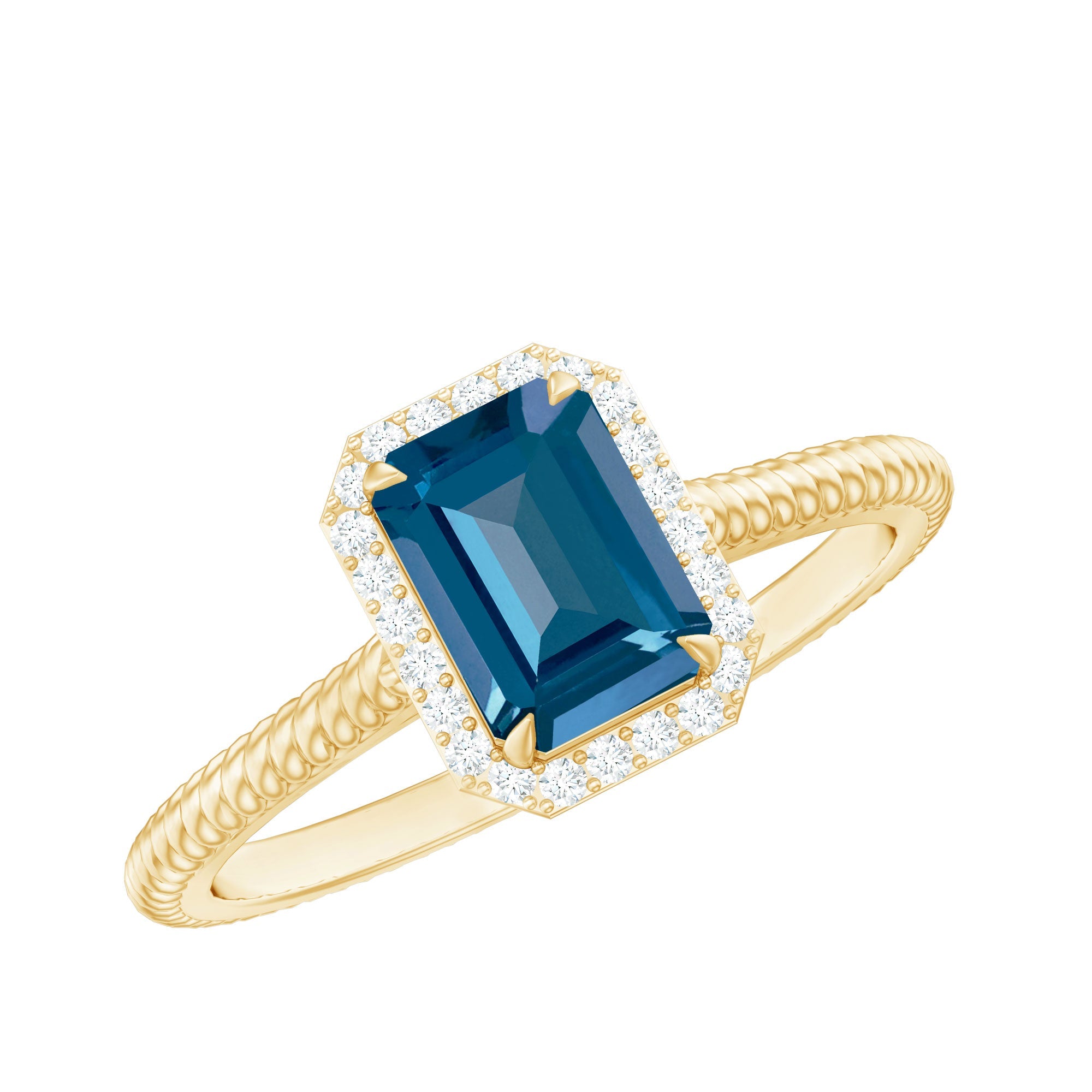 Emerald Cut Blue Topaz Engagement Ring with Diamond Halo | Rings | Wiccan Center