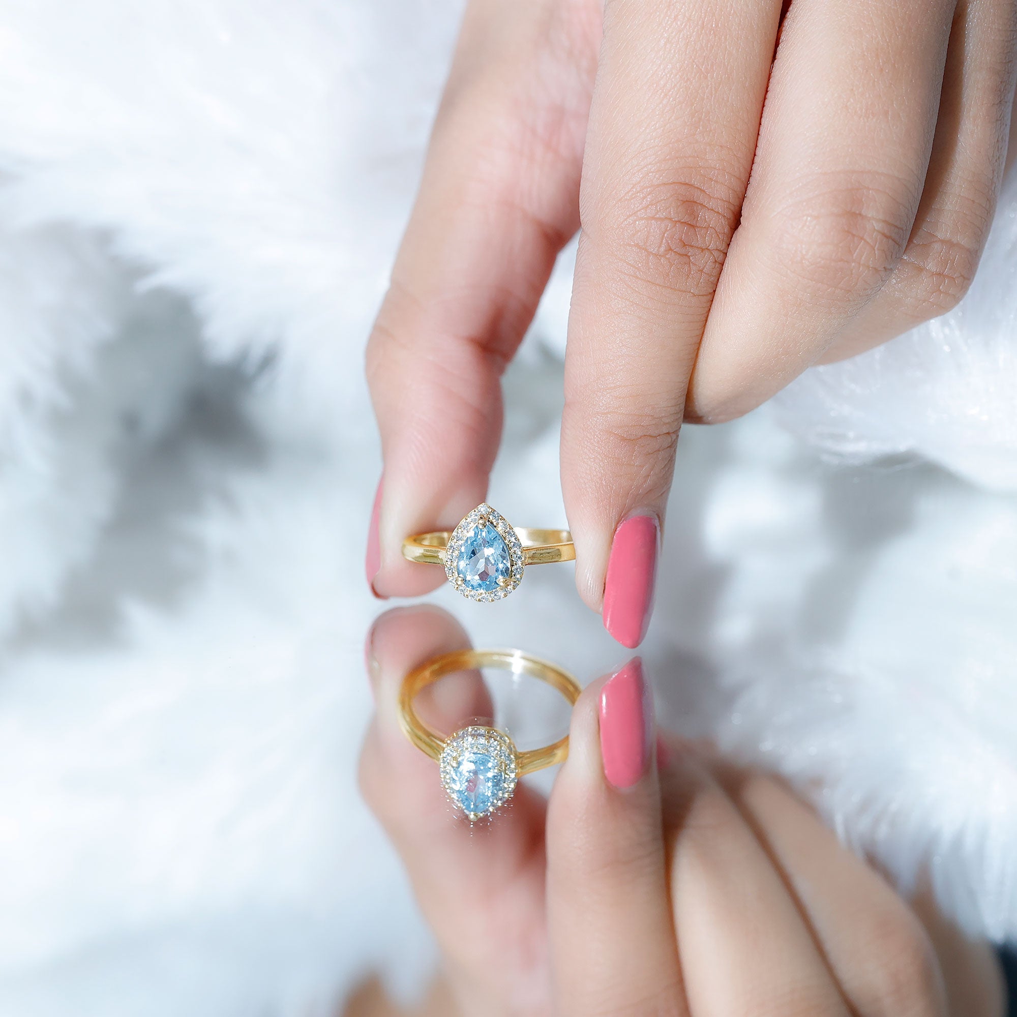 1 Carat Pear Cut Aquamarine Engagement Ring with Diamond Halo