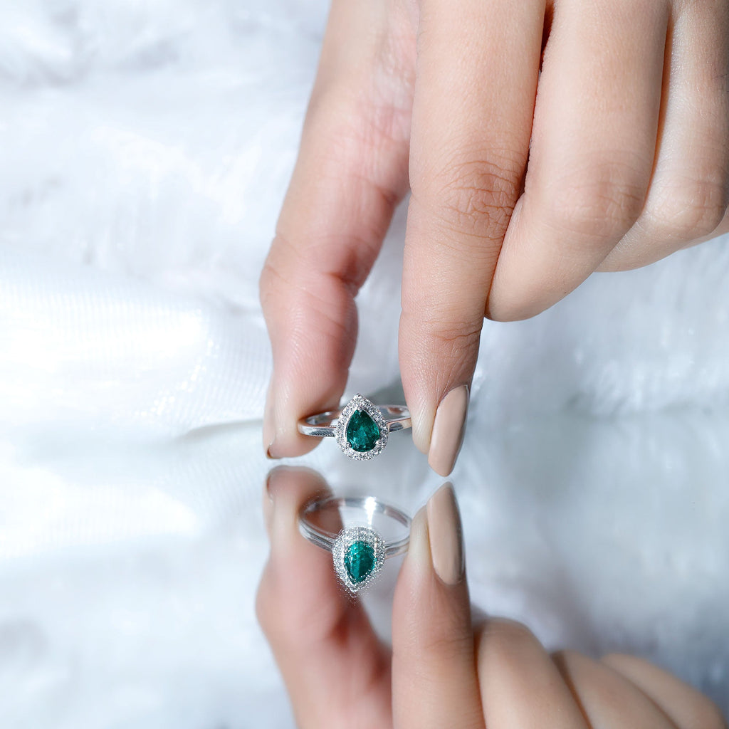 Real Emerald Teardrop Engagement Ring with Diamond Halo