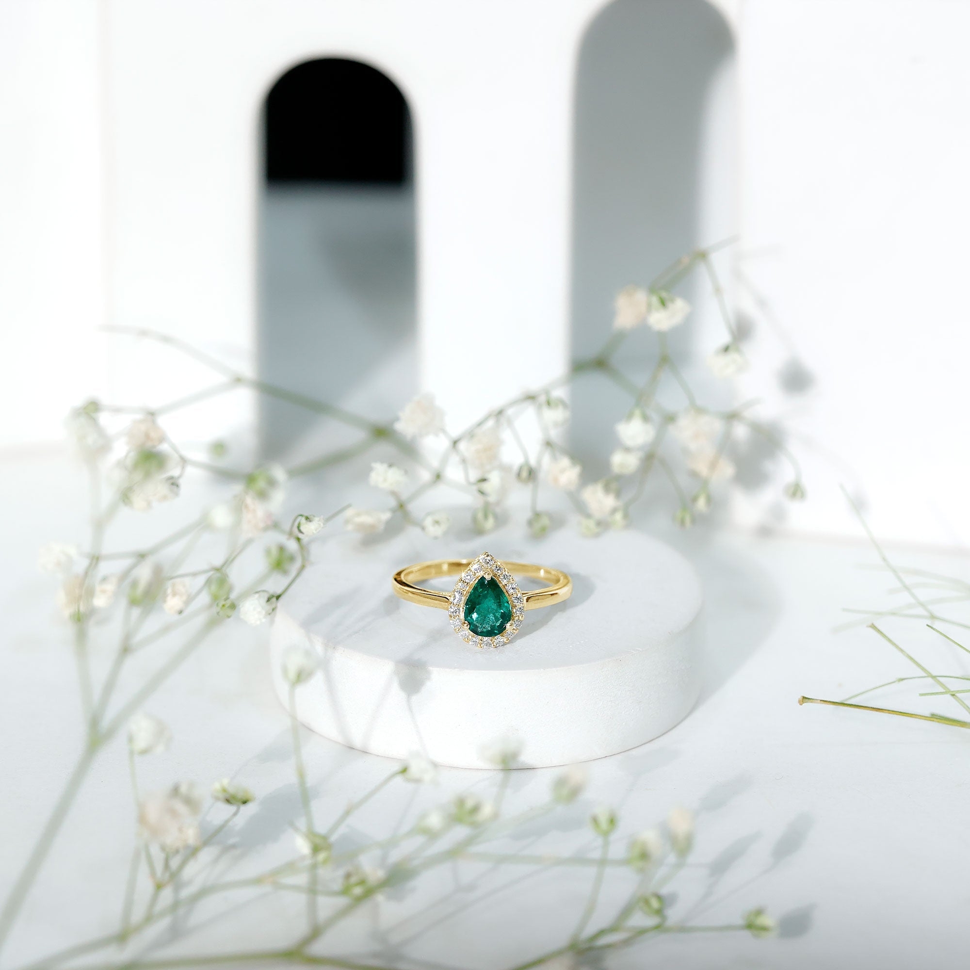 Real Emerald Teardrop Engagement Ring with Diamond Halo